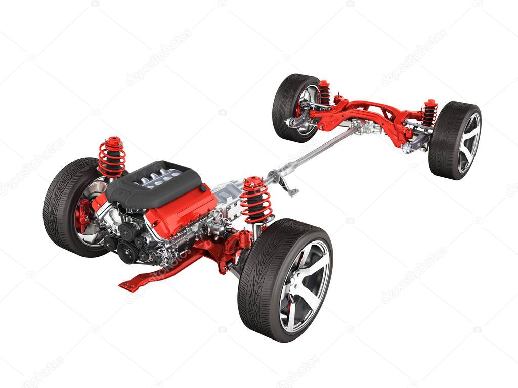 Undercarriage in detail Suspension of the car with wheel and eng