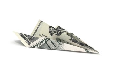 Kağıt Doları uçak üzerinde beyaz izole arka plan 3d