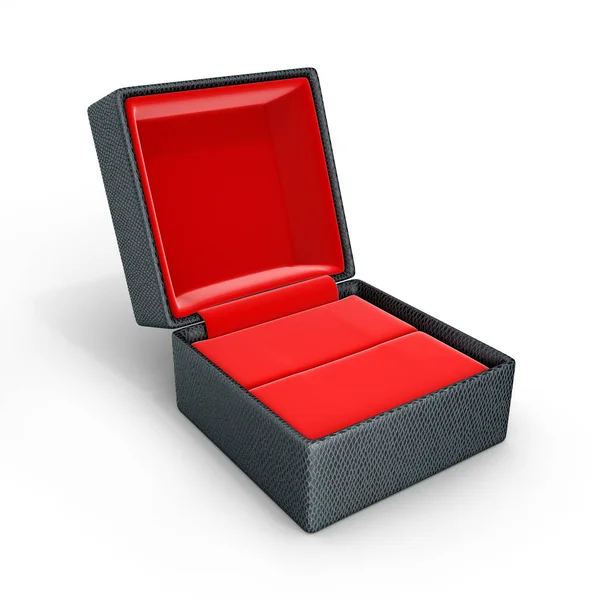 Відкрита подарункова коробка з червоним матеріалом всередині бічного вигляду на білому фоні — стокове фото