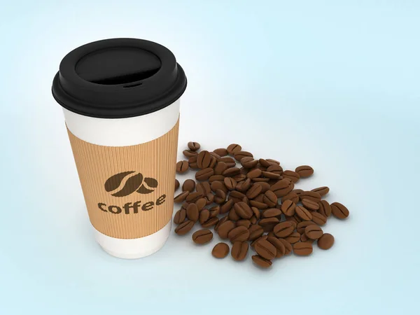 Papier koffiekopje met koffiebonen op blauwe achtergrond 3d — Stockfoto