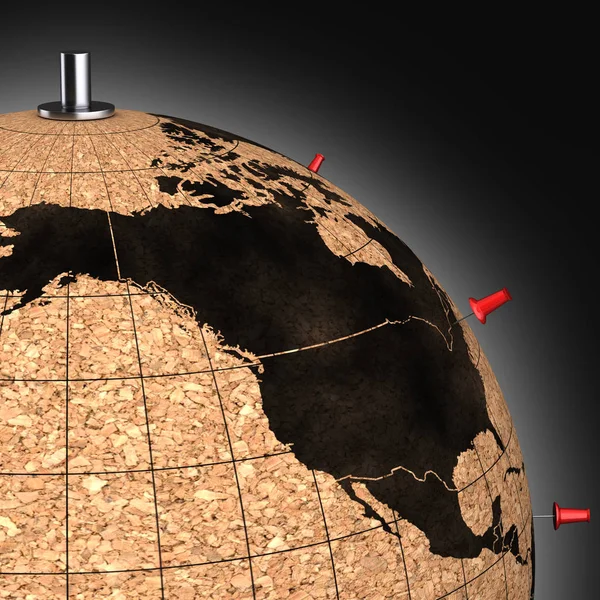 Bureaublad wereldbol met pinnen op de kaart op zwarte achtergrond met kleurovergang — Stockfoto