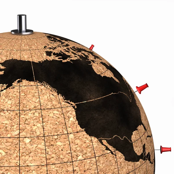 桌面地球与别针在地图上的白色背景3d — 图库照片
