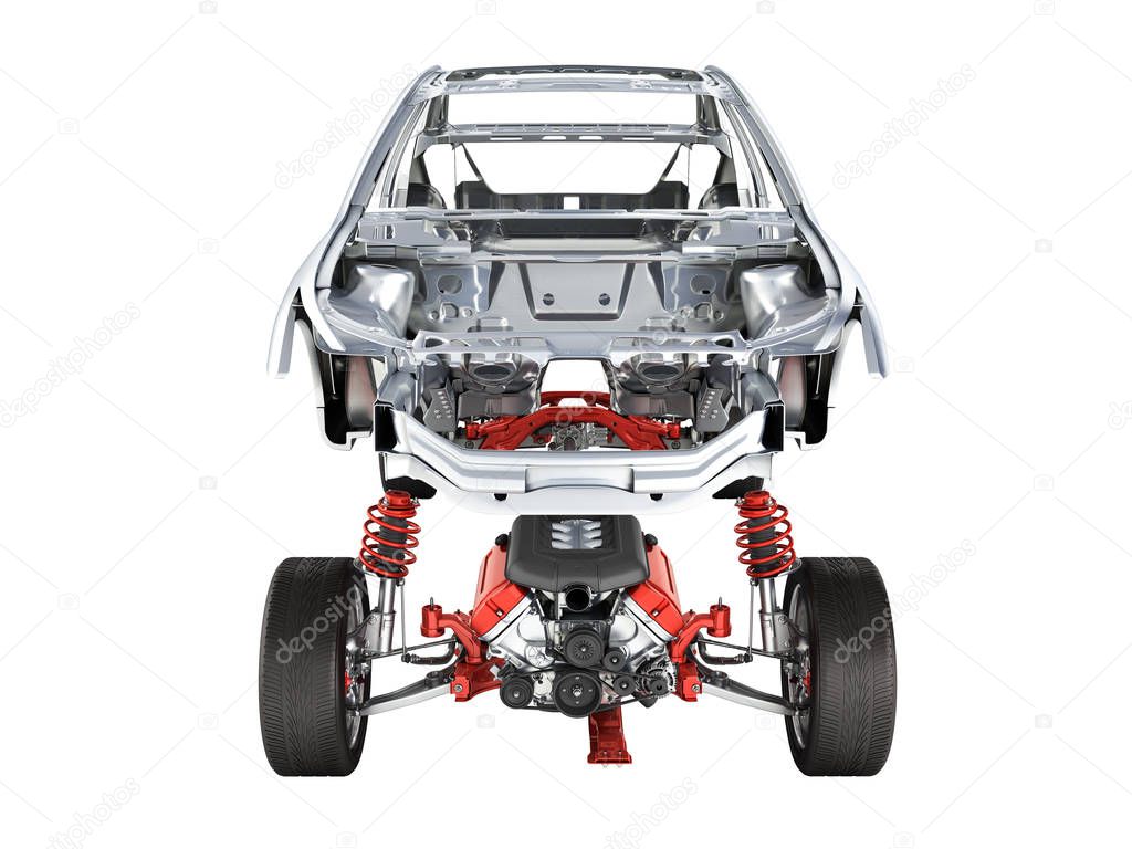 Body and suspension of the car with wheel and engine Undercarria