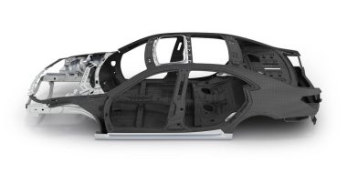 Karbon vücut araba ile metal öğeleri beyaz arka plan üzerinde izole