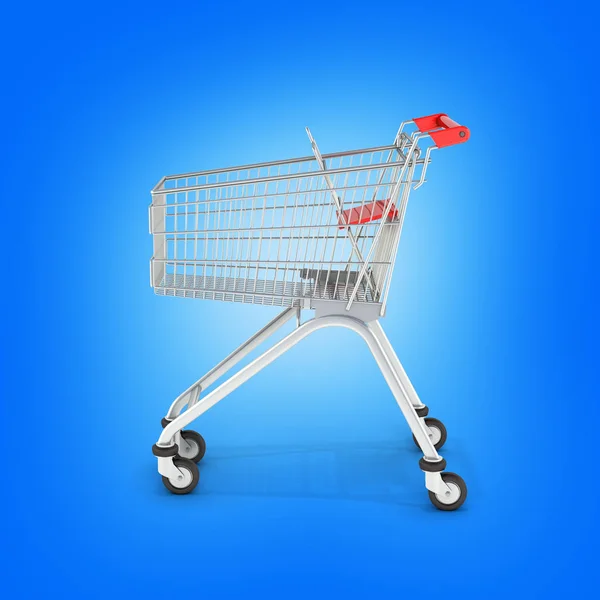 Supermarket shopping cart side view on blue gradient background — Stock Photo, Image