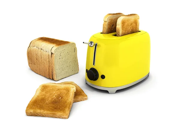 キッチンの白い背景に分離されたパンのトーストをトースター — ストック写真