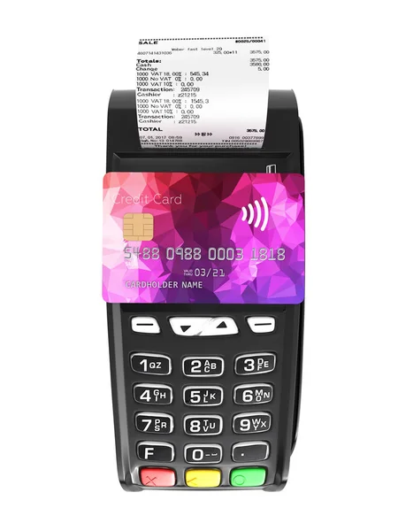 Pagamento touch concept terminale POS con chek e carta di credito acceso — Foto Stock