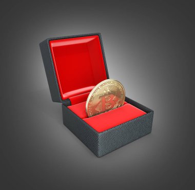 Bitcoin 3d izometrik fiziksel para bir hediye kutusunda siyah gradie