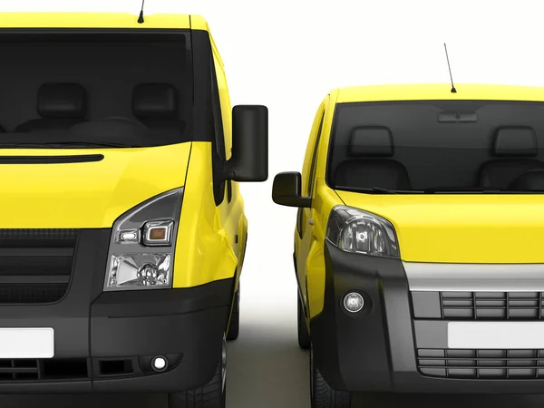 Żółty dostawczy i samochód na pozdrowienie biały background.3d — Zdjęcie stockowe