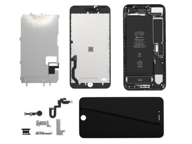 Beyaz arka plan en iyi görünümü 3 smartphone bileşenlerinin düz Lay