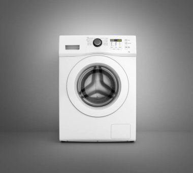 Gri degrade duvar arka planda çamaşır makinesi 3D ıllustrati