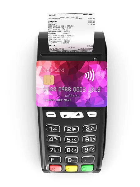 Payment touch concept POS terminal with chek and credit card on — Stock Photo, Image