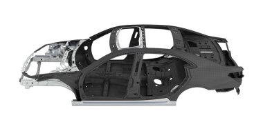 Karbon vücut araba ile metal öğeleri beyaz arka plan üzerinde izole