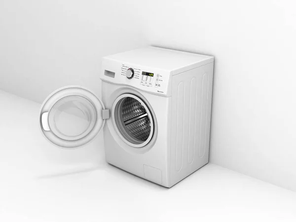 Washing machine with an open door on a white wall background 3d — Stock Photo, Image