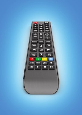 Mavi degrade arka planda yalıtılmış TV uzaktan kumanda 3D render