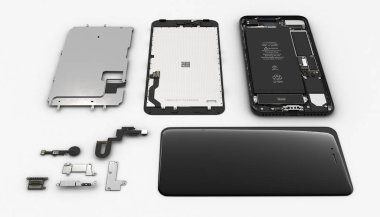 Beyaz arka plan 3D ilustra üzerinde akıllı telefon bileşenlerinin düz Lay