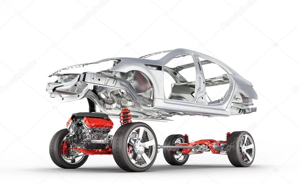 Body and suspension of the car with wheel and engine Undercarria