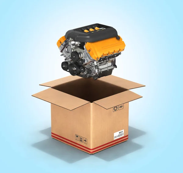 Engine with a cardboard box Concept of sale and delivery of auto