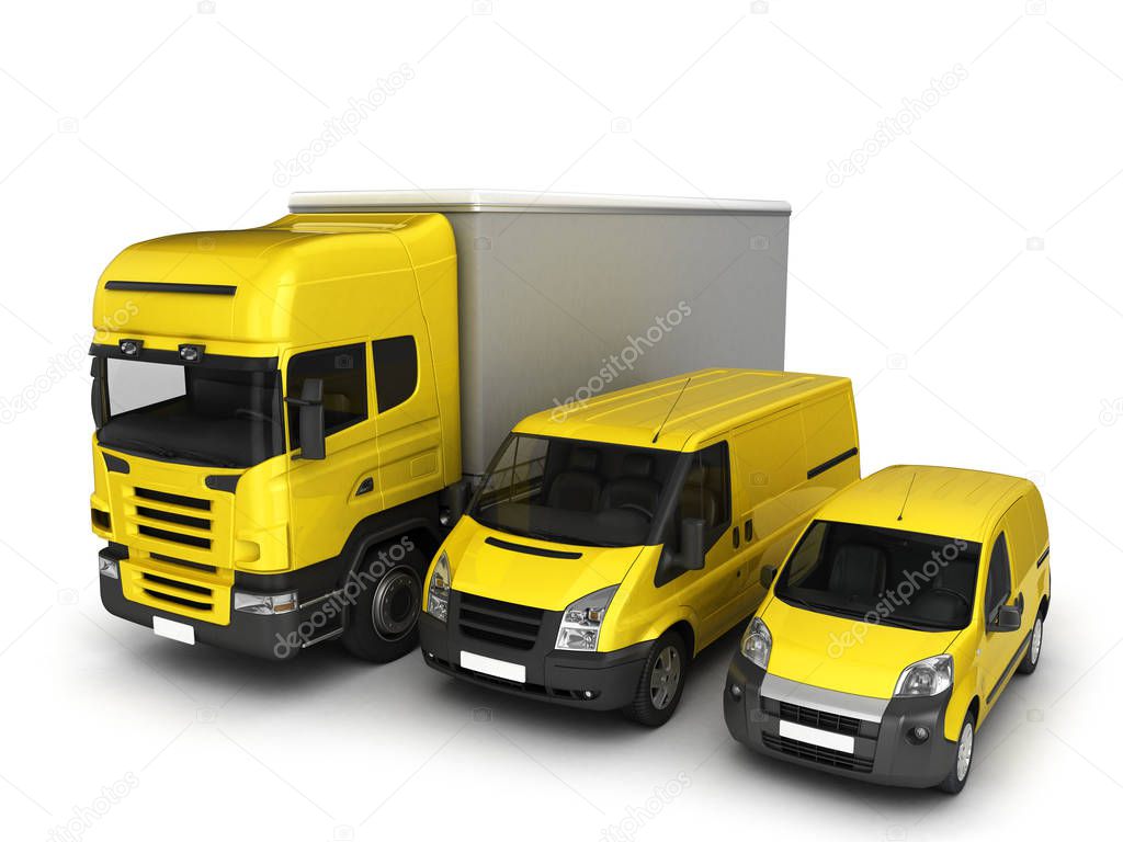 Yellow delivery cars on a white background.3D illustration.