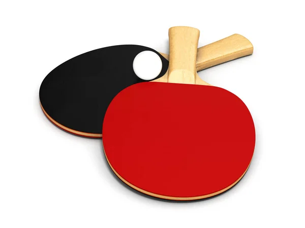 Rakety ping-pong a míč na bílém pozadí 3D — Stock fotografie