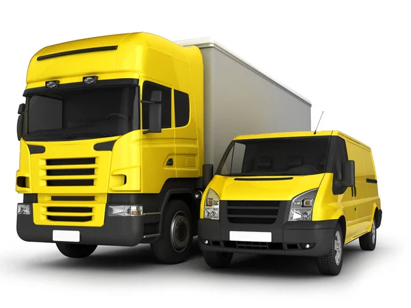 Camioneta y camión de reparto amarillo sobre fondo blanco.3D illustrat —  Fotos de Stock