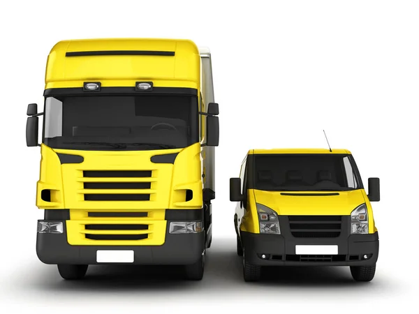 Camioneta y camión de reparto amarillo sobre fondo blanco.3D illustrat — Foto de Stock