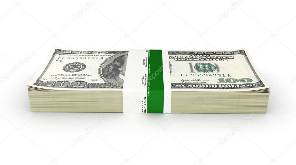 Stack of money american hundred dollar bills isolated on white b