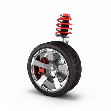 Arabanın ile tekerlek perspektif görünüm üzerinde beyaz backg süspansiyon