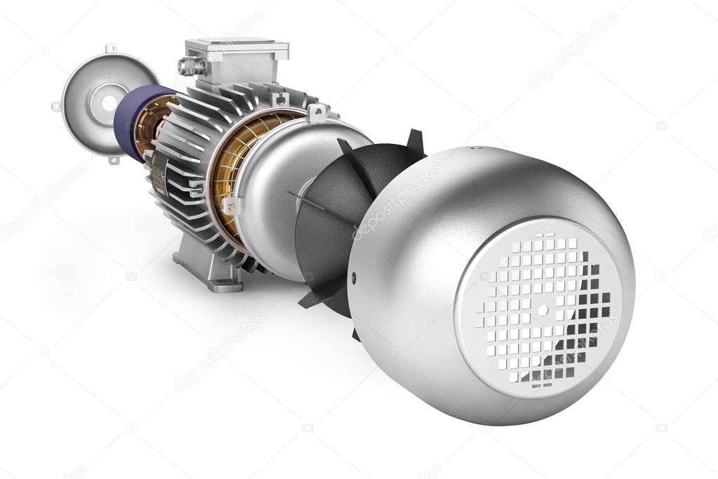 Electric motor in detail on white background 3d