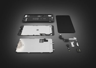 Siyah degrade arka planda akıllı telefon bileşenlerinin düz Lay 3