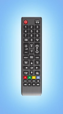 Mavi degrade arka planda yalıtılmış TV uzaktan kumanda 3D render
