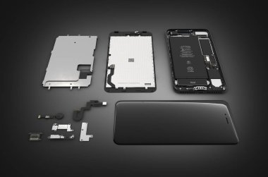 Siyah degrade arka planda akıllı telefon bileşenlerinin düz Lay 3