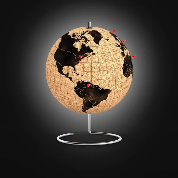 Desktop globe with pins on the map on black gradient background — Stock Photo, Image