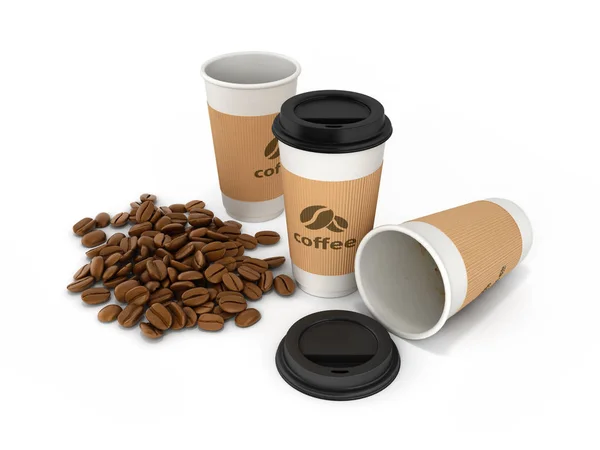 Papper kaffe koppar med kaffe bönor på vit bakgrund 3D — Stockfoto