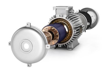Beyaz arka plan 3D üzerinde ayrıntılı elektrik motoru