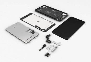 Beyaz arka plan 3D ilustra üzerinde akıllı telefon bileşenlerinin düz Lay