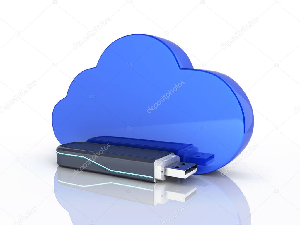 Concept of cloud storage USB flash drive with cloud isolated on white background 3d