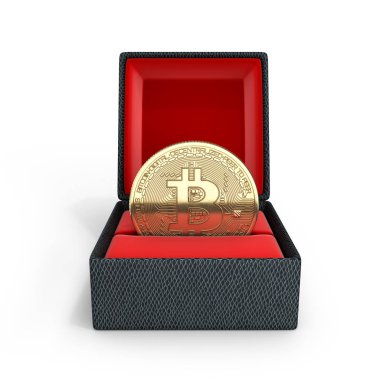 Bitcoin 3d izometrik fiziksel para beyaz backgr bir hediye kutusunda
