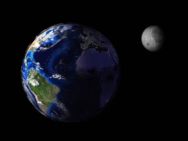 Planeet aarde en maan vanuit de ruimte op een zwarte achtergrond 3d — Stockfoto