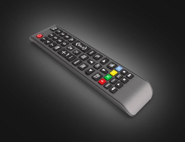 Siyah degrade arka planda yalıtılmış TV uzaktan kumanda 3D rende