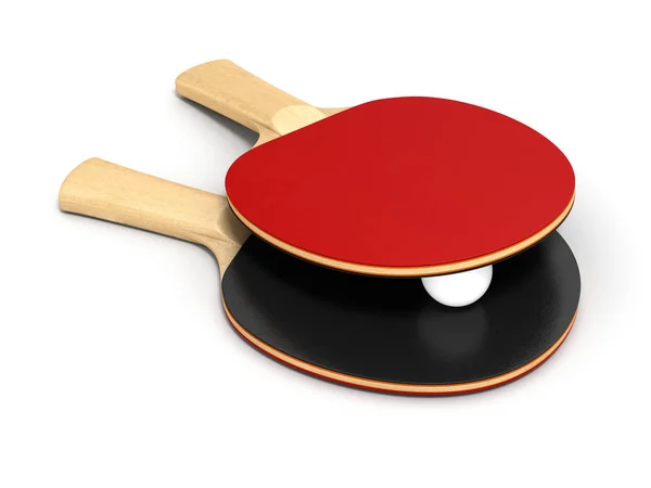 Rakety ping-pong a míč na bílém pozadí 3D — Stock fotografie