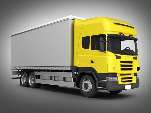 Yellow delivery truck on grey gradient background 3D — Stock Photo, Image