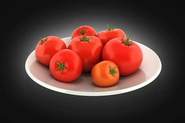 Fresh tomatoes on a plate on black gradient background 3d — Stock Photo, Image