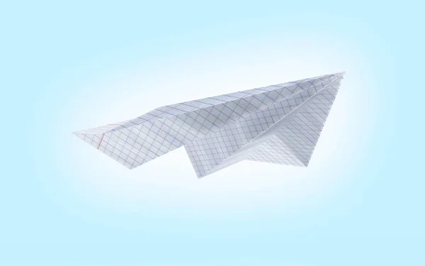paper plane made with graph paper on blue gradient background 3d