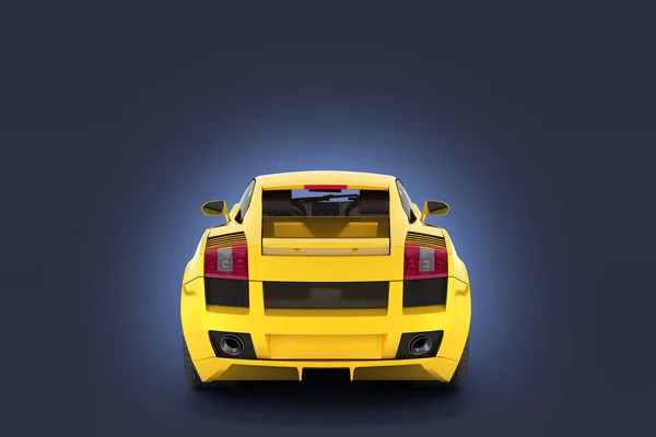 Samochód sportowy w żółtym tylnym widoku izolowanym na ciemnym niebieskim Grad — Zdjęcie stockowe