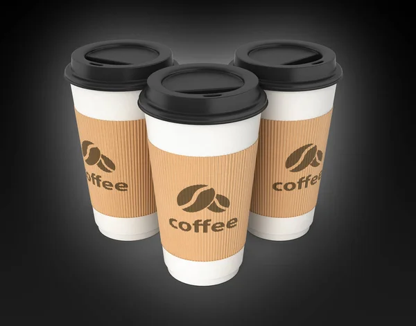 Koffie kopjes op zwarte gradiënt achtergrond 3D — Stockfoto