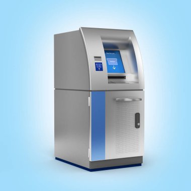 Atm Bank Cash Machine mavi degrade arka plan üzerinde gölge olmadan