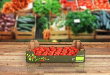 Ahşap zemin ve pazar arka plan backgro kutusunda Taze domates