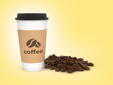 Turuncu degrade arka plan üzerinde kahve çekirdekleri ile Kağıt kahve fincanı