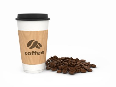 Kağıt kahve fincanı kahve çekirdekleri beyaz ile arka plan 3d